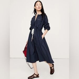 NWT Banana Republic Cotton Poplin Pocket Midi Shirtdress Size M In Navy Blue
